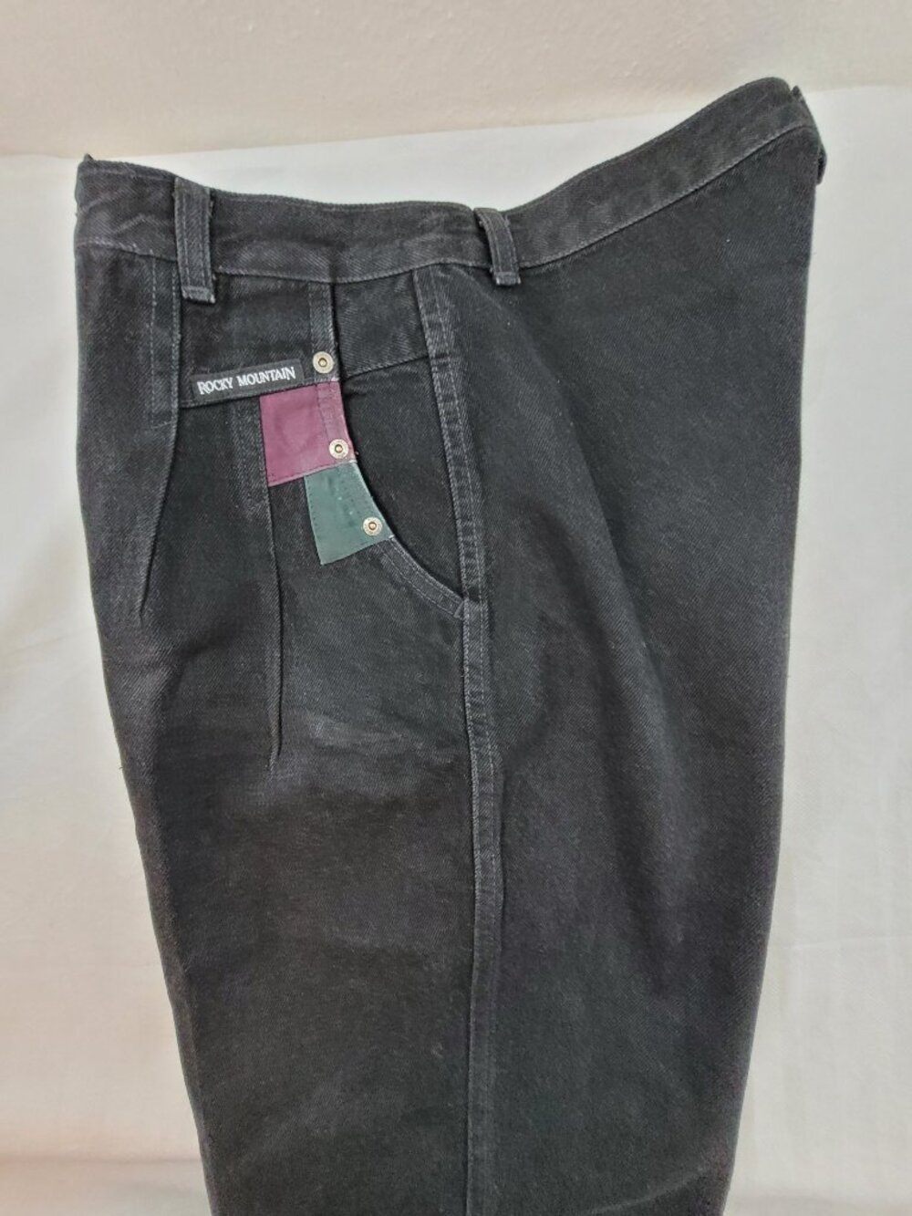VTG Rocky Mountain Jeans Womens 13 Black High Rise Bareback Leather Det. 29x36.5